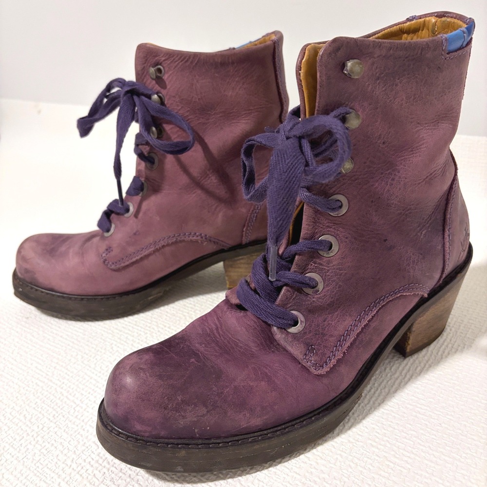 John Fluevog Purple Leather Lace Up Ankle Boots Block Heel 1021025 Womens 6.5